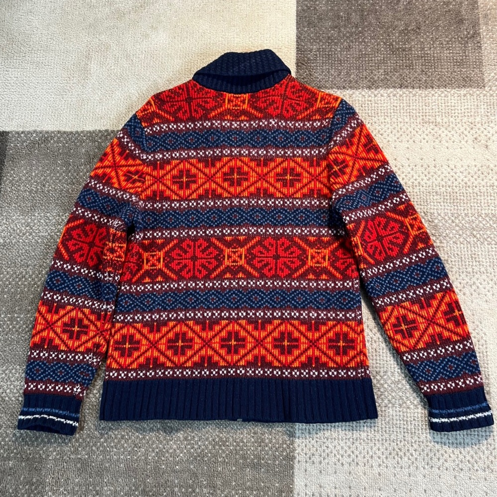 Lands End Canvas Mens Small Lambswool Full Zip Fair Isle Sweater Orange Navy - Picture 4 of 6